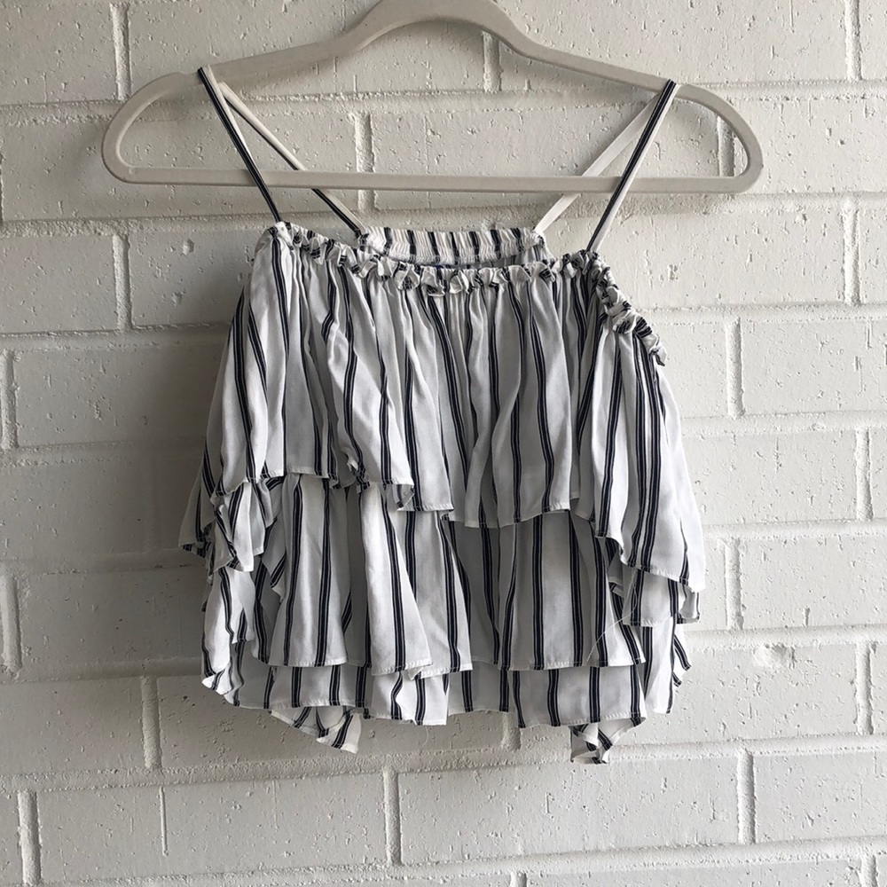 She + Sky Pinstripe Ruffle Off Shoulder Crop Top